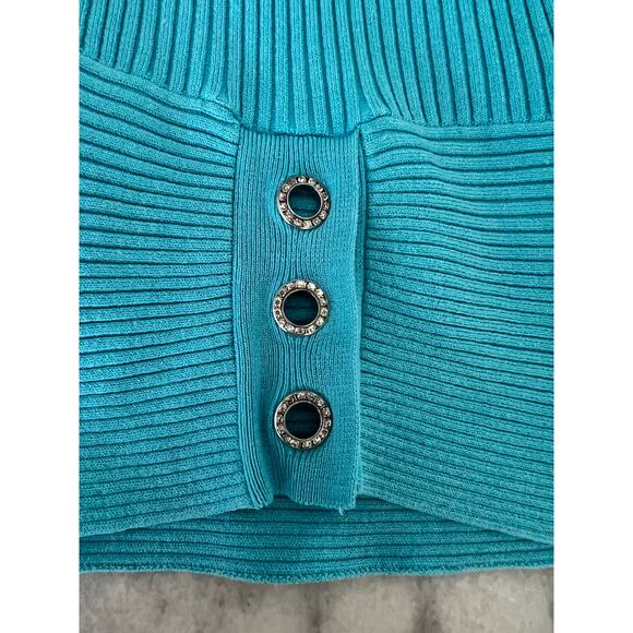 Cache- Cyan Blue Ribbed Knit Pullover Sweater Rhinestones Size Large - Picture 5 of 9